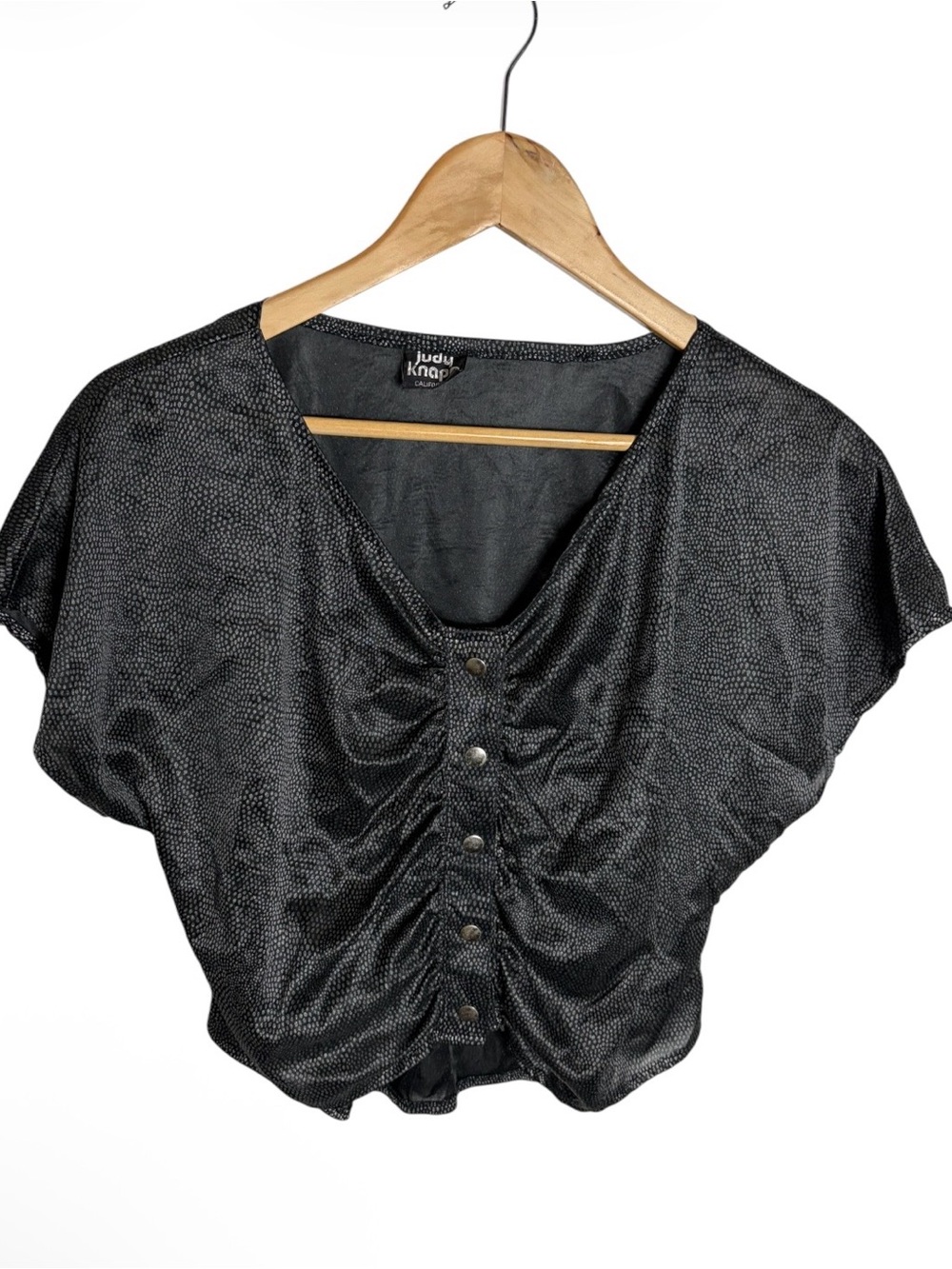 Vintage Judy Knapp 80s/90s black with sliver polka dots snap front crop top